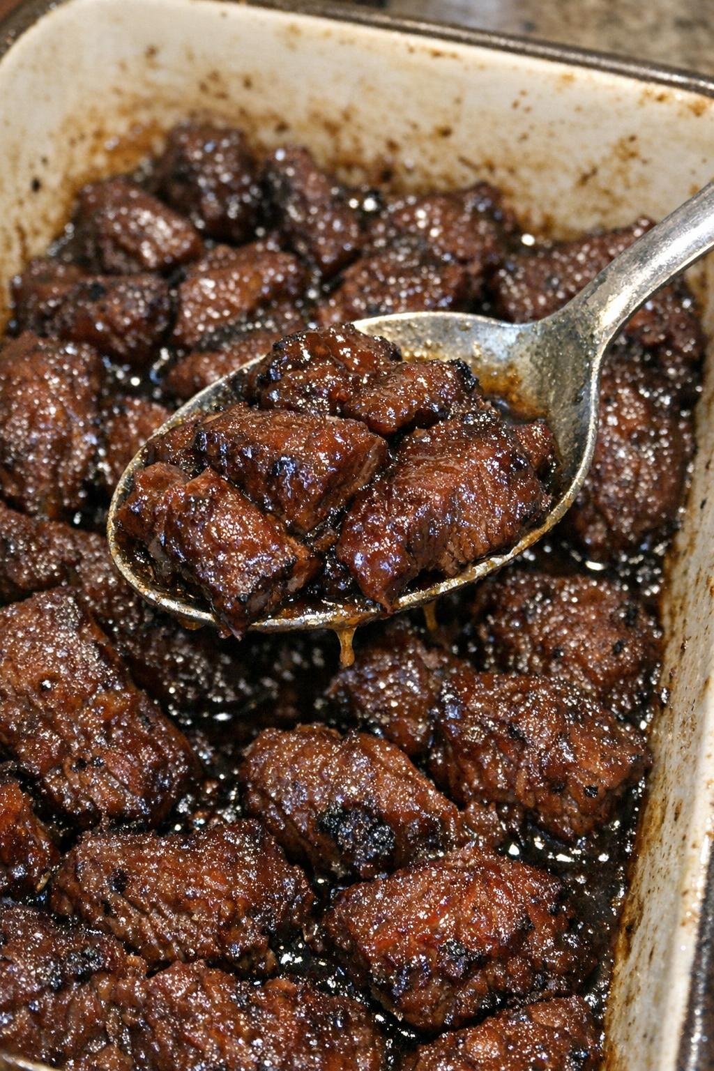Savory glazed beef morsels in a baking dish