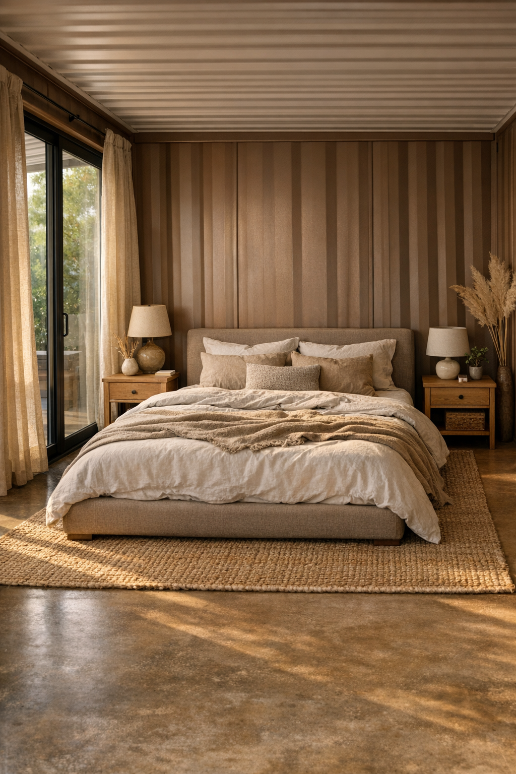 Calm accessible bedroom with upholstered bed, paneled wall, and layered natural textiles