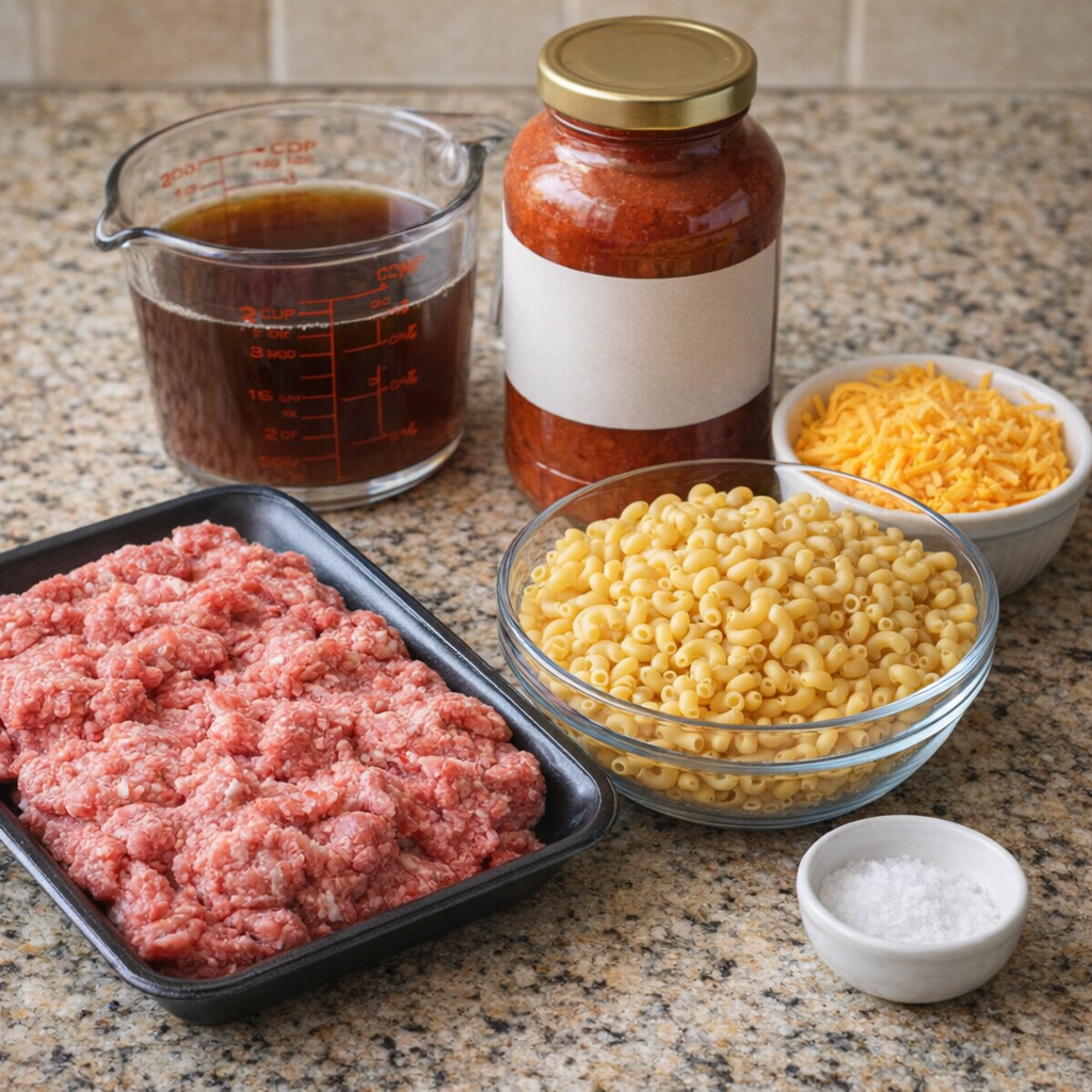 Ingredients for beef and macaroni arranged on a counter