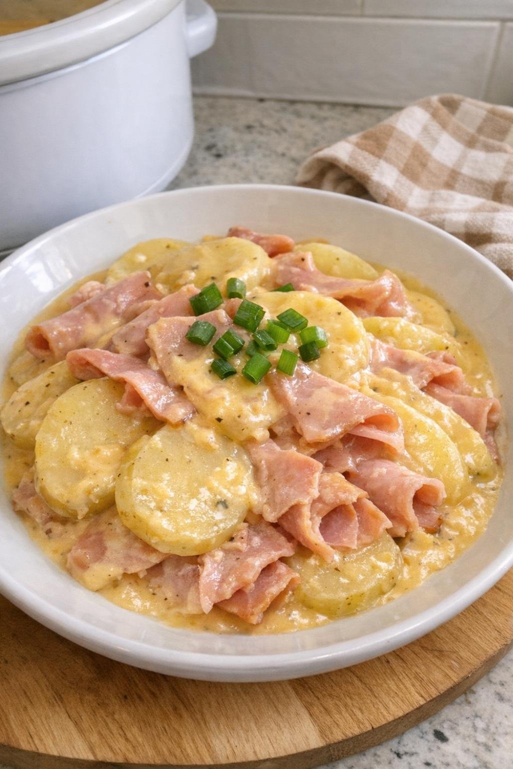 Finished queso ham and potatoes plated for serving