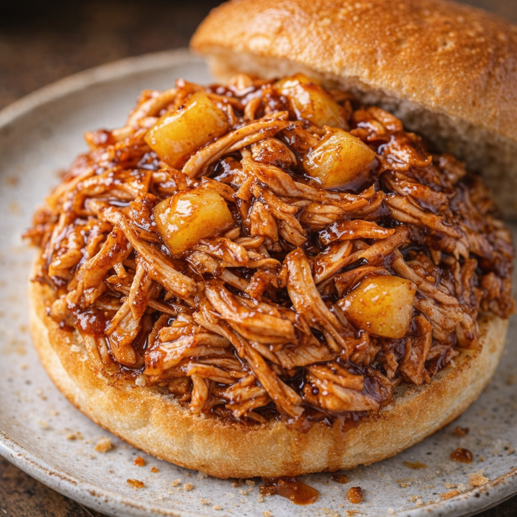 Shredded BBQ pineapple chicken piled onto a bun