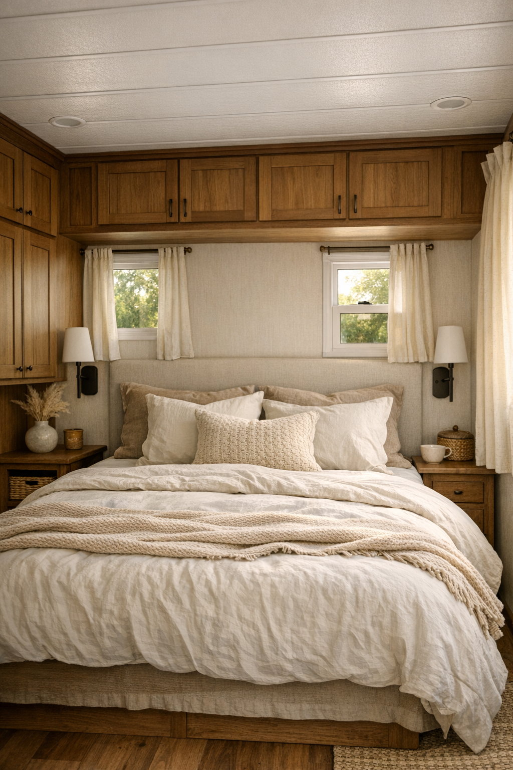 Serene farmhouse bedroom with layered neutral bedding and soft light