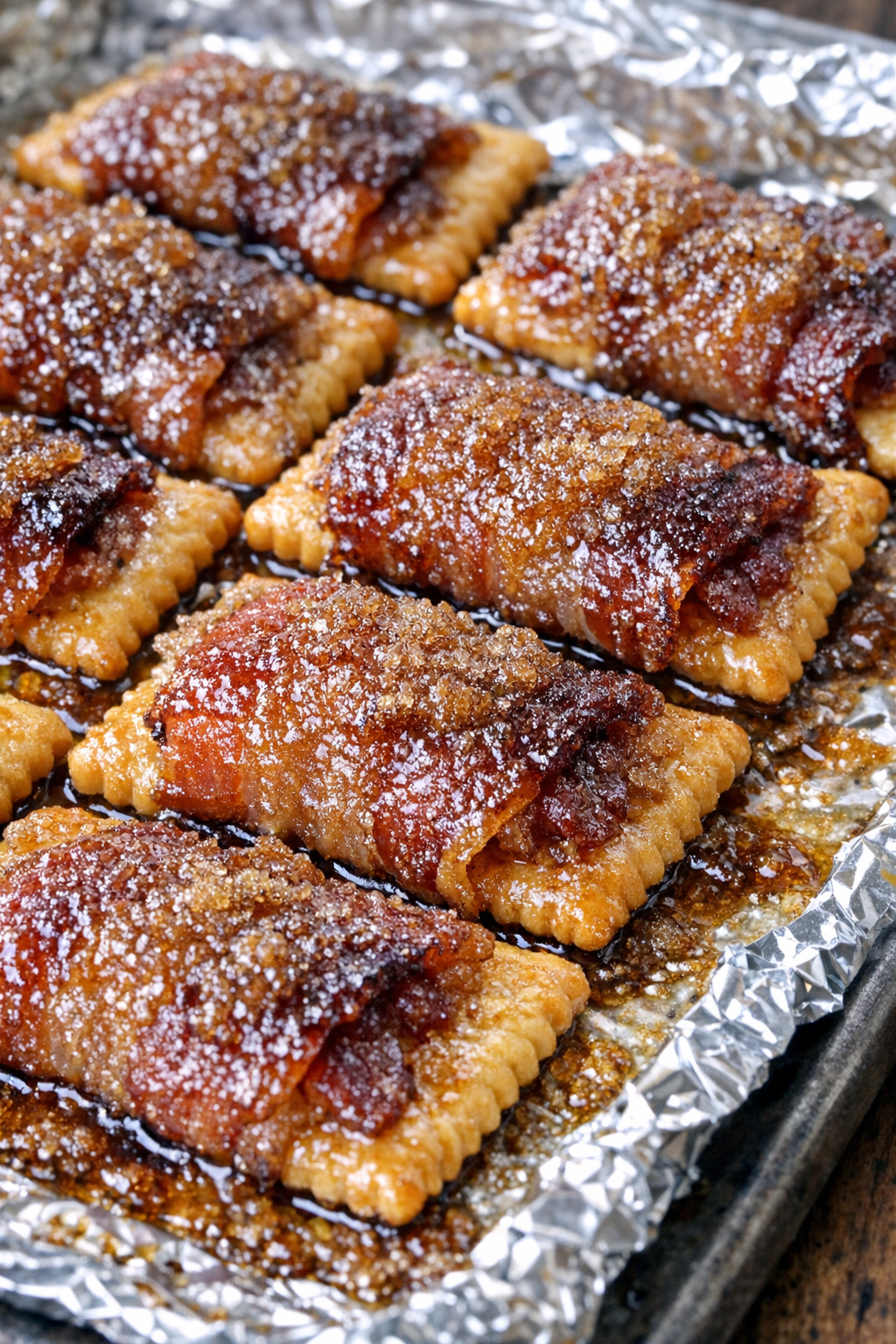 Southern 3-ingredient bacon crackers on a foil-lined baking tray