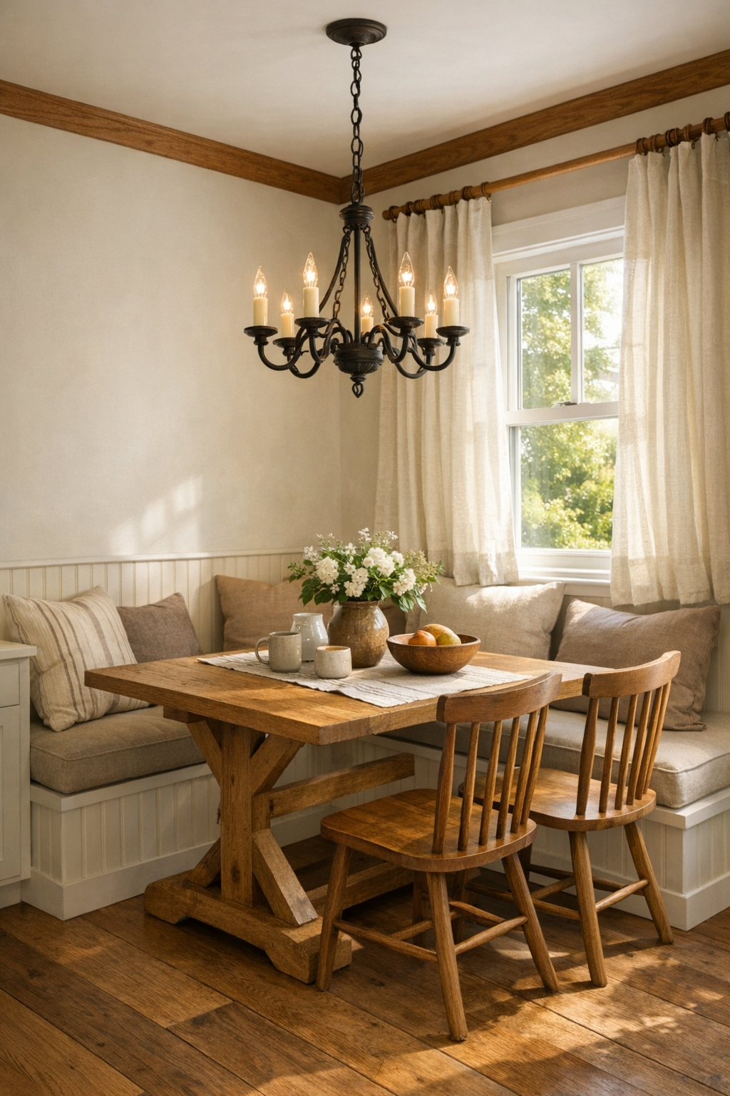 Tiny home dining nook with built-in banquette, oak trestle table, and soft natural light