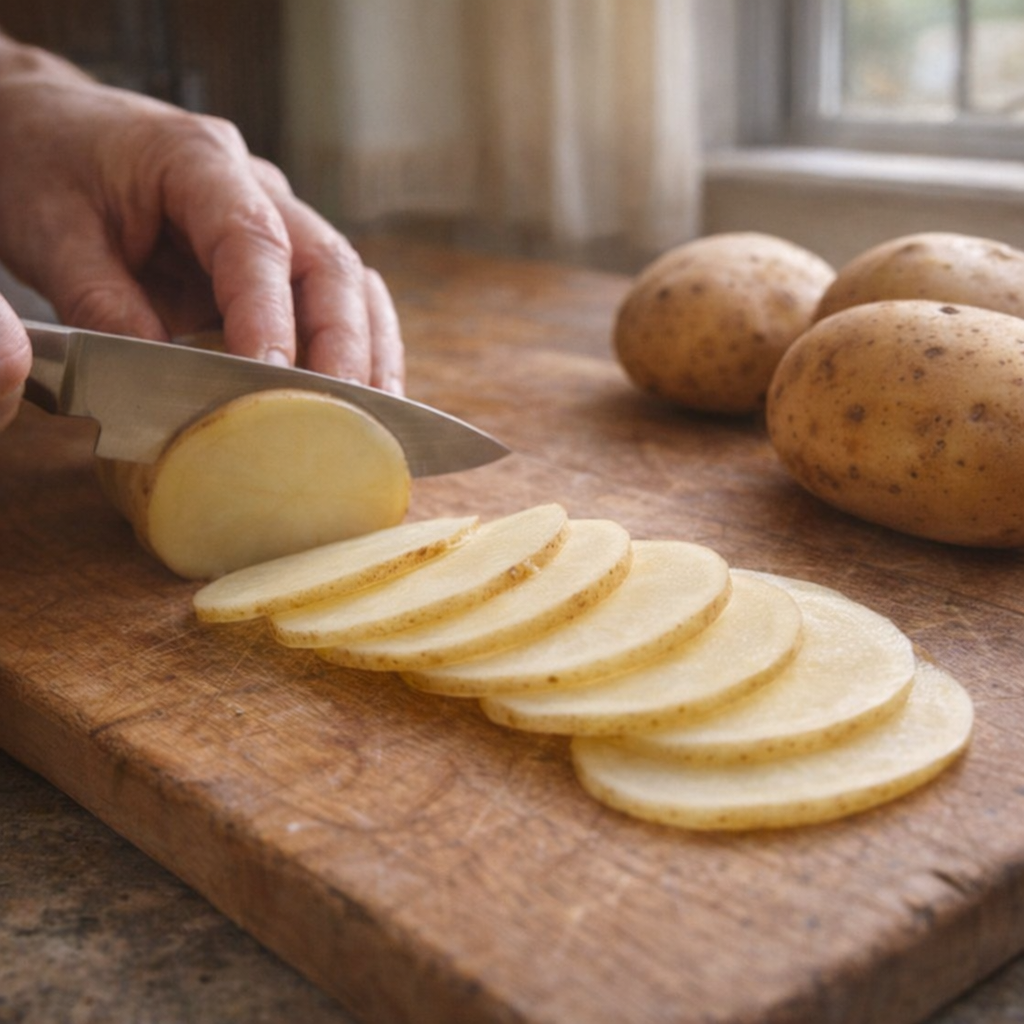 Thinly slicing potatoes on a wooden cutting board