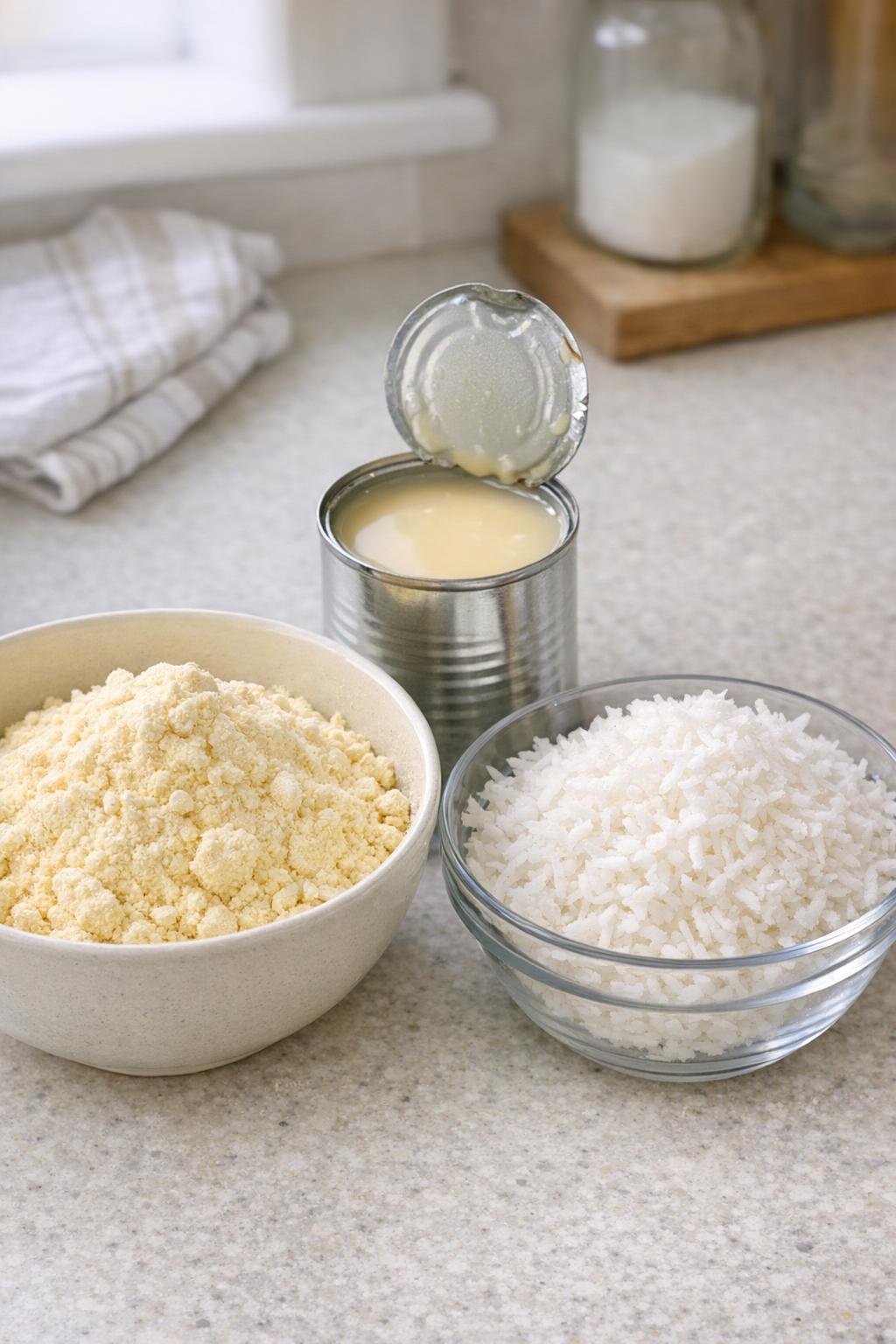 Cake mix, condensed milk, and shredded coconut