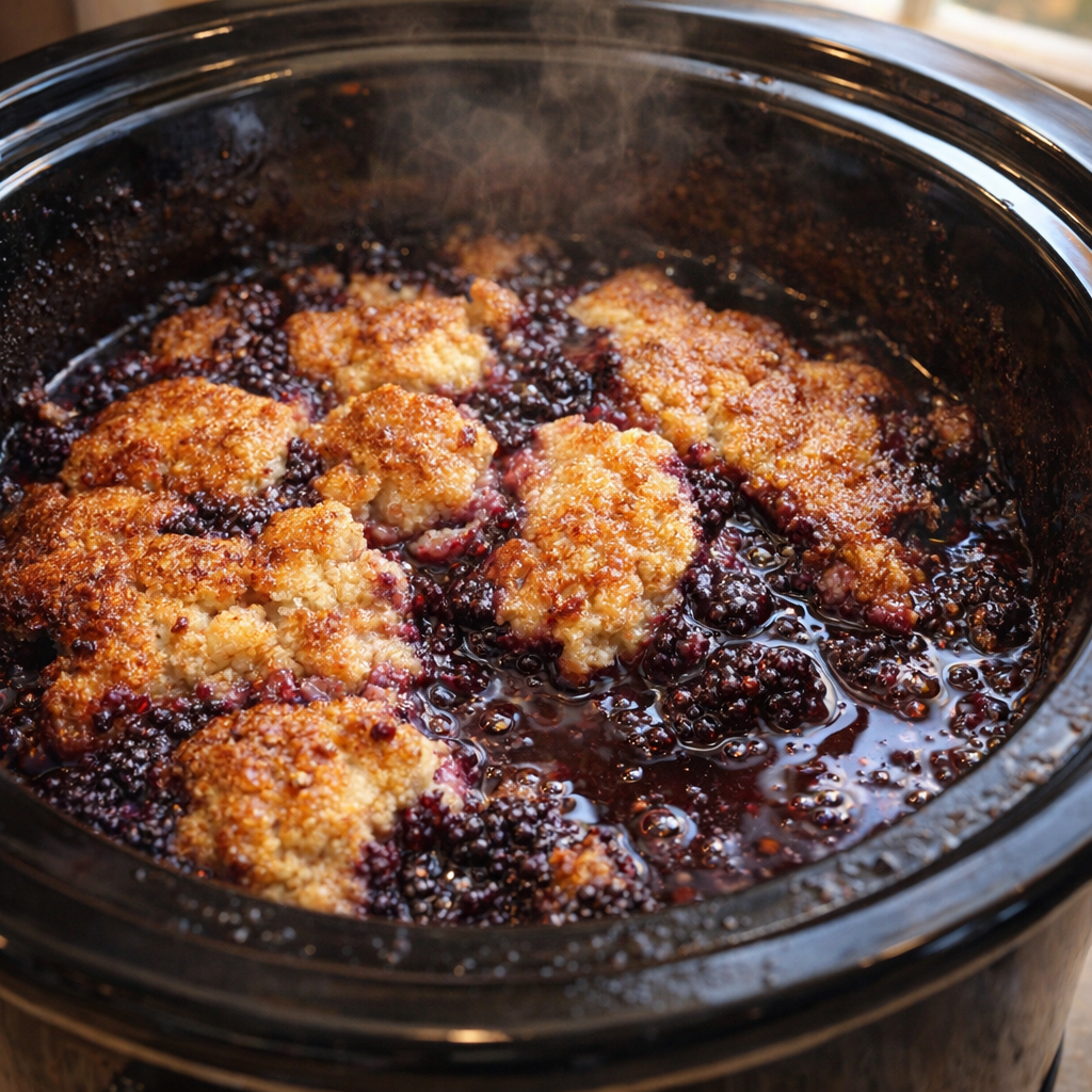 Finished pandowdy bubbling in the slow cooker