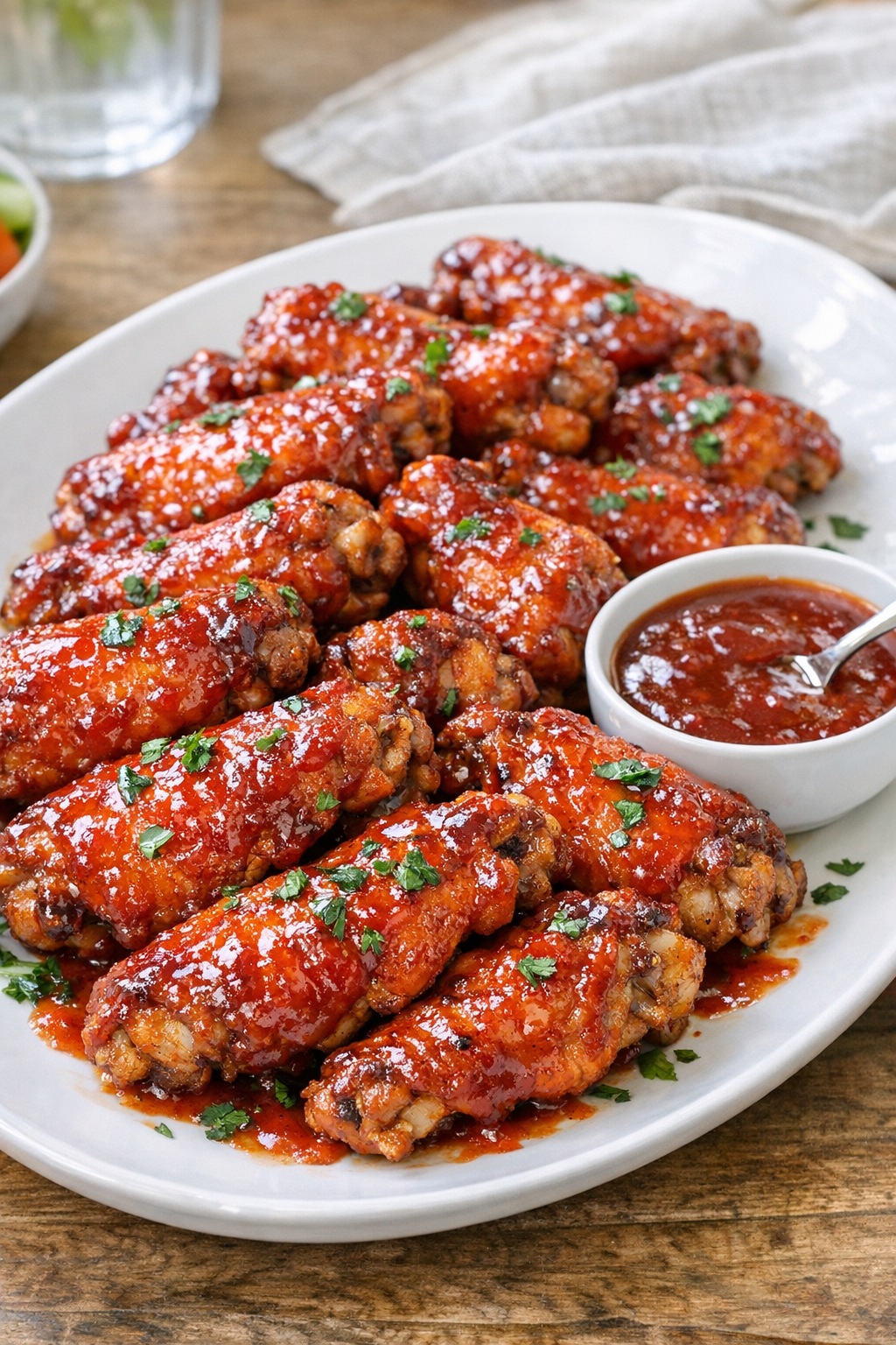 Finished glazed chicken wings on a platter