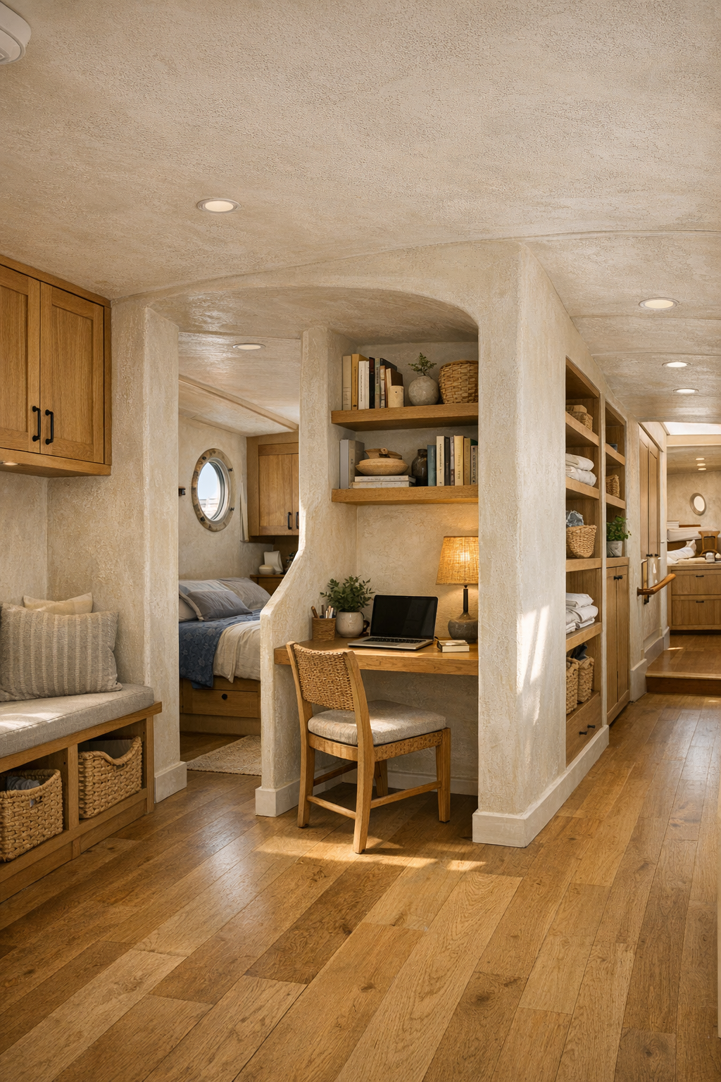 Built-in hallway and office nook with warm Mediterranean materials