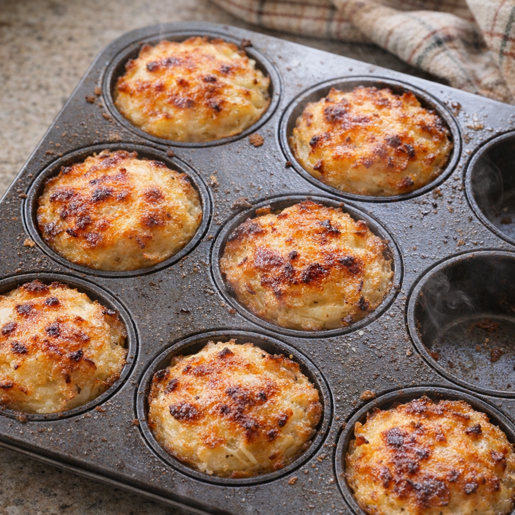 Golden potato au gratin cups cooling in a muffin tin