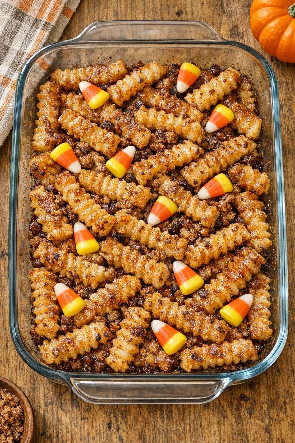 Finished baked Halloween fry dessert in glass dish