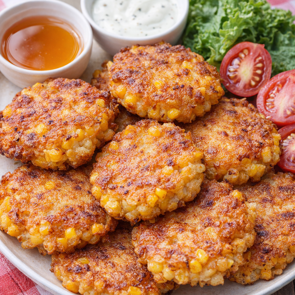 Corn fritters served with honey and ranch dips