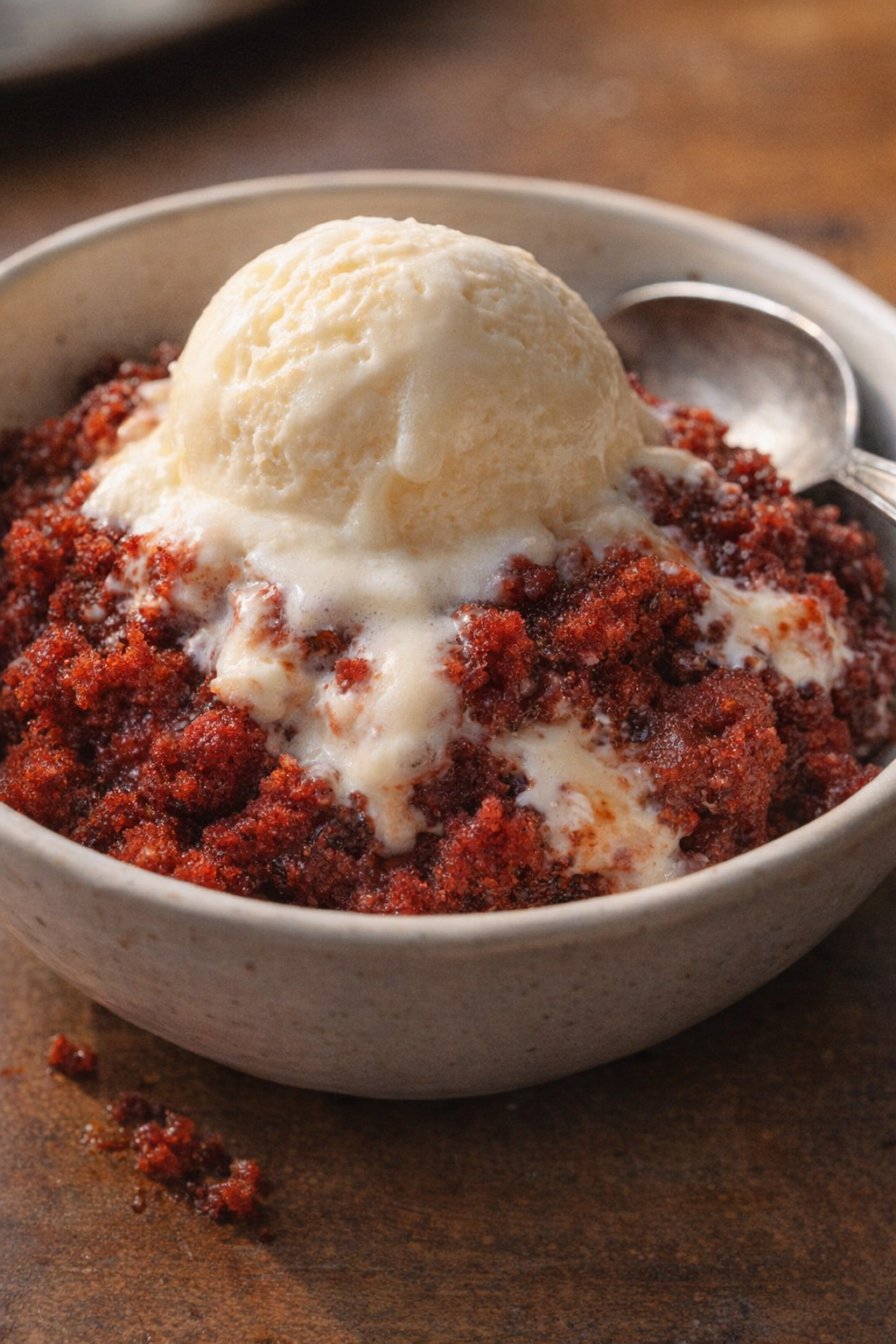 Bowl of red velvet dump cake topped with vanilla ice cream