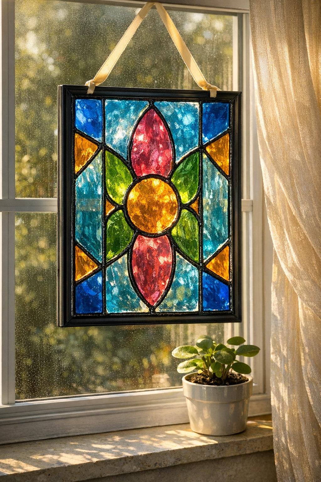 Finished faux stained glass window panel made from a dollar store frame hanging in a sunny window
