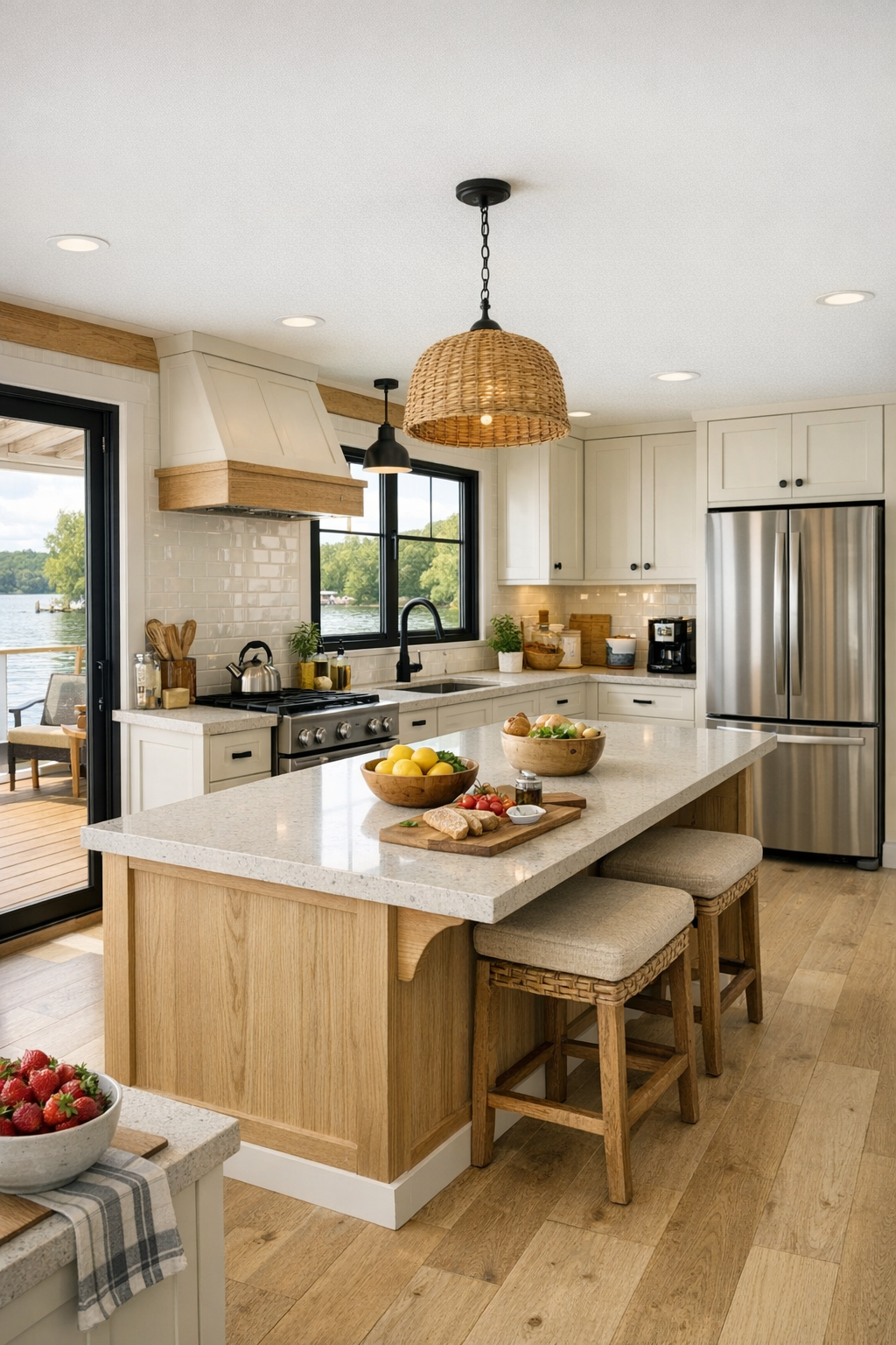 Accessible cottage kitchen with a pale quartz island, creamy cabinetry, and lake light