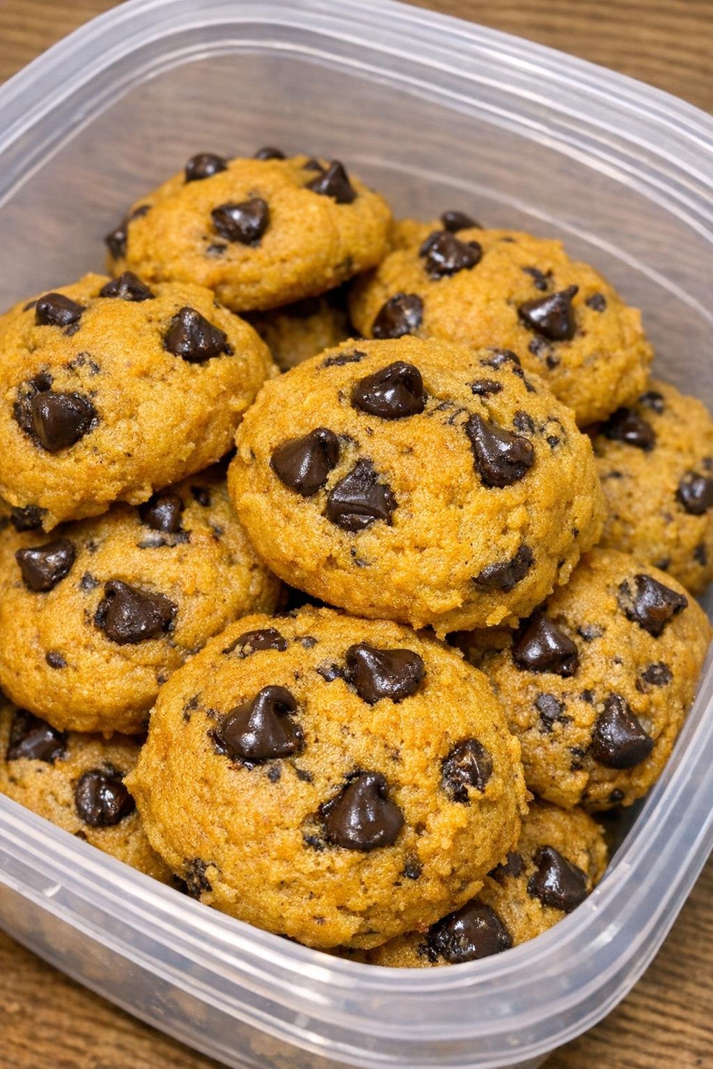 Pumpkin chocolate chip cookies in a plastic container
