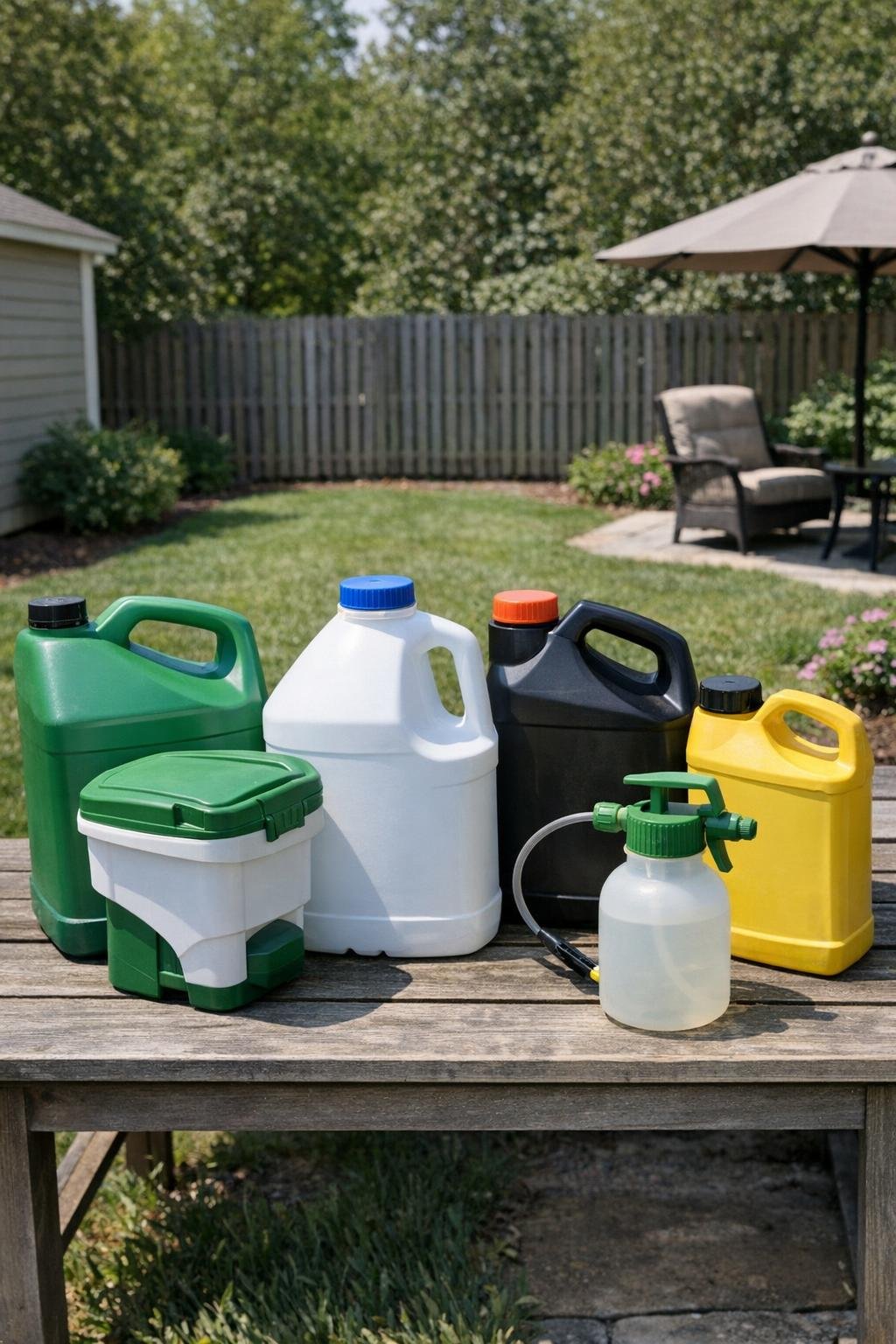 Pet-conscious lawn care products arranged on an outdoor table