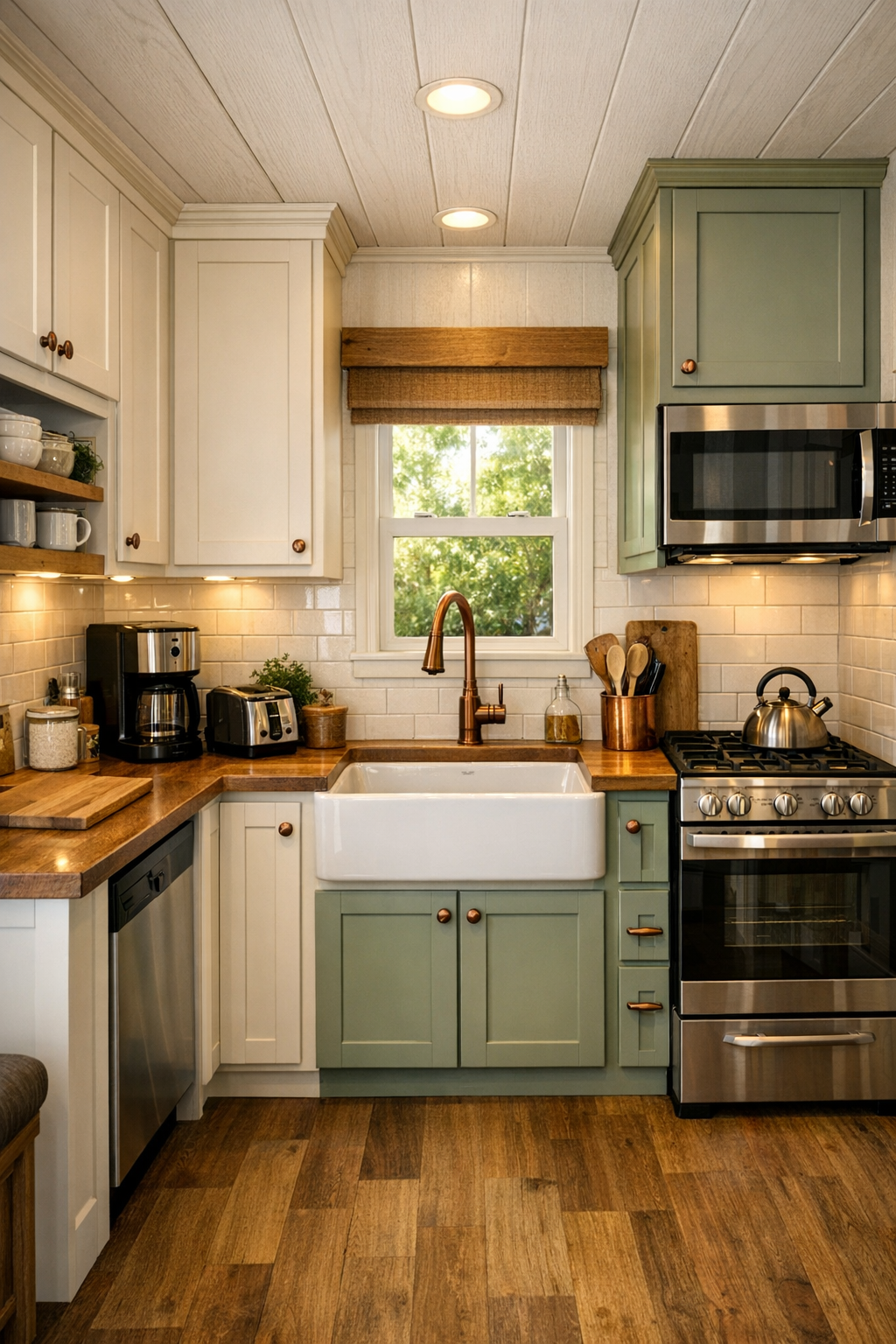 Craftsman kitchen with shaker cabinets, copper hardware, and warm wood countertops