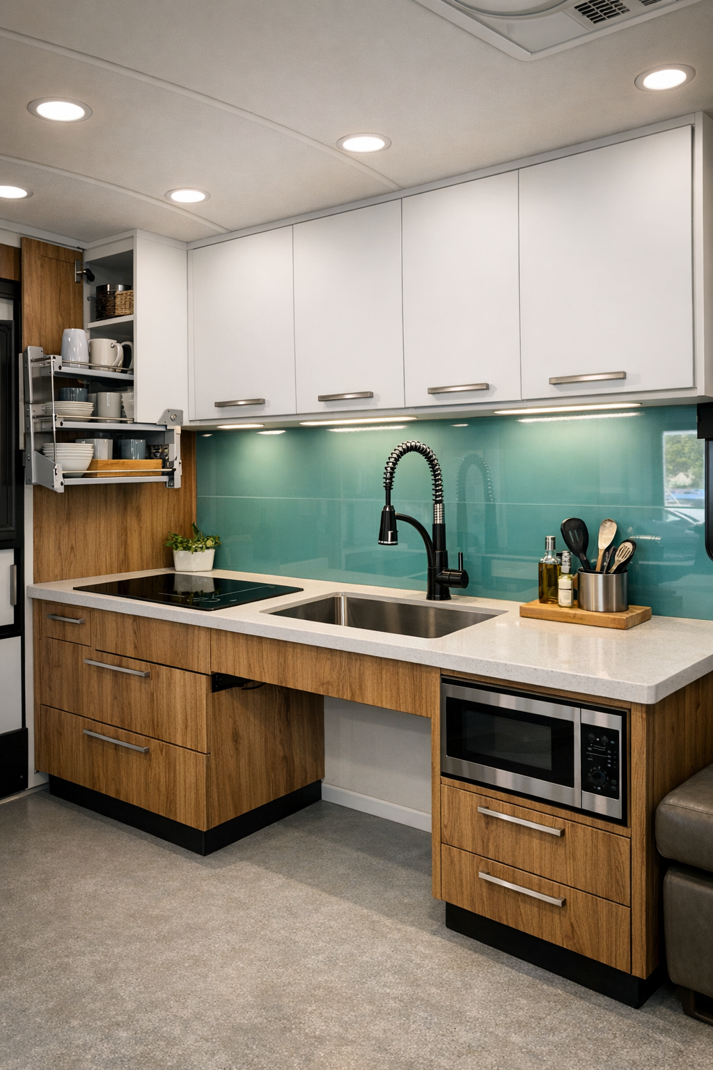 Modern RV kitchen with turquoise backsplash and white cabinetry