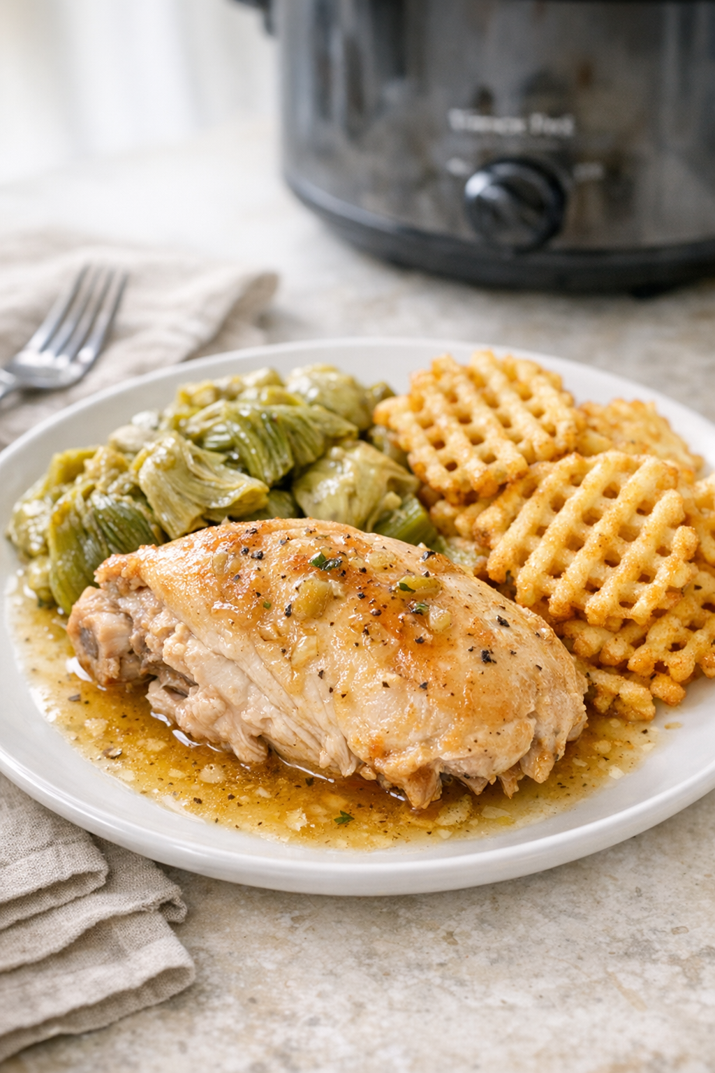 Finished slow cooker chicken with artichokes and waffle fries plated