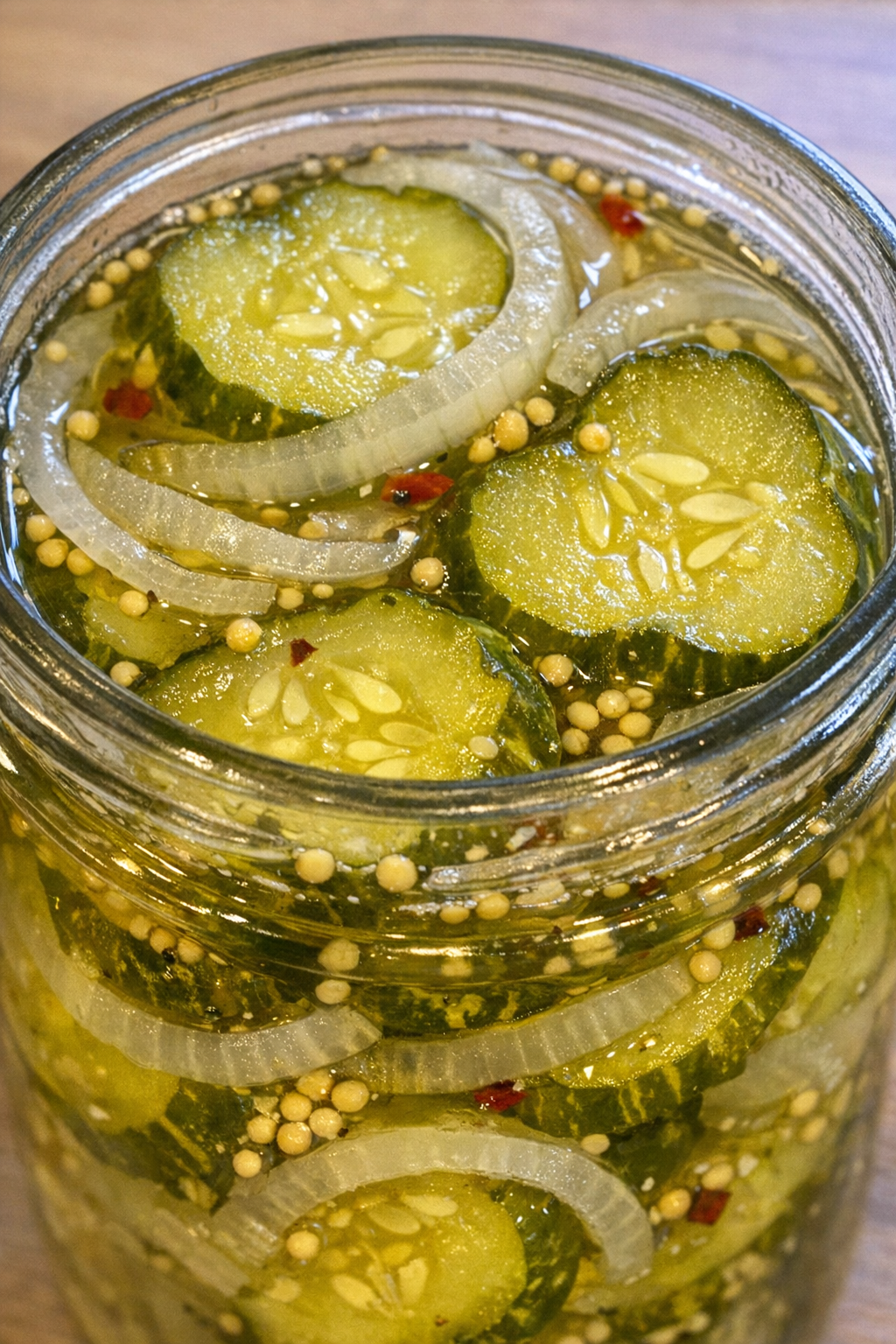 Finished bread and butter pickles in a mason jar