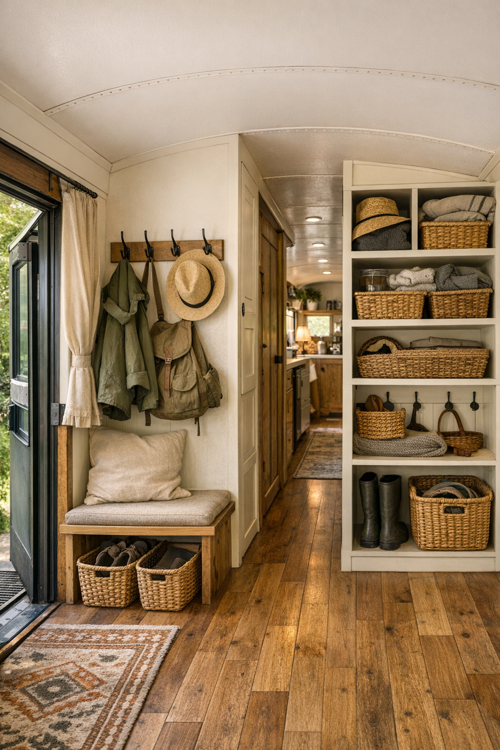 Multi-use hallway and entry area in a converted bus with storage, hooks, and warm wood details