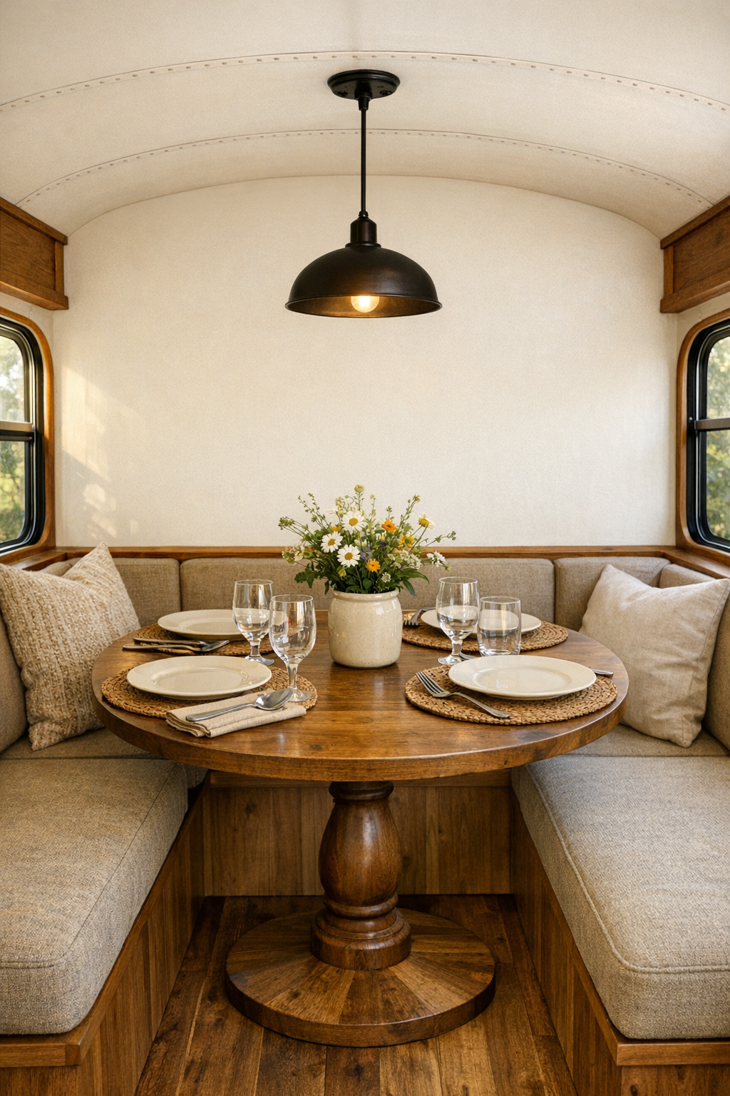 Cozy bus dining nook with built-in banquette and round wood table