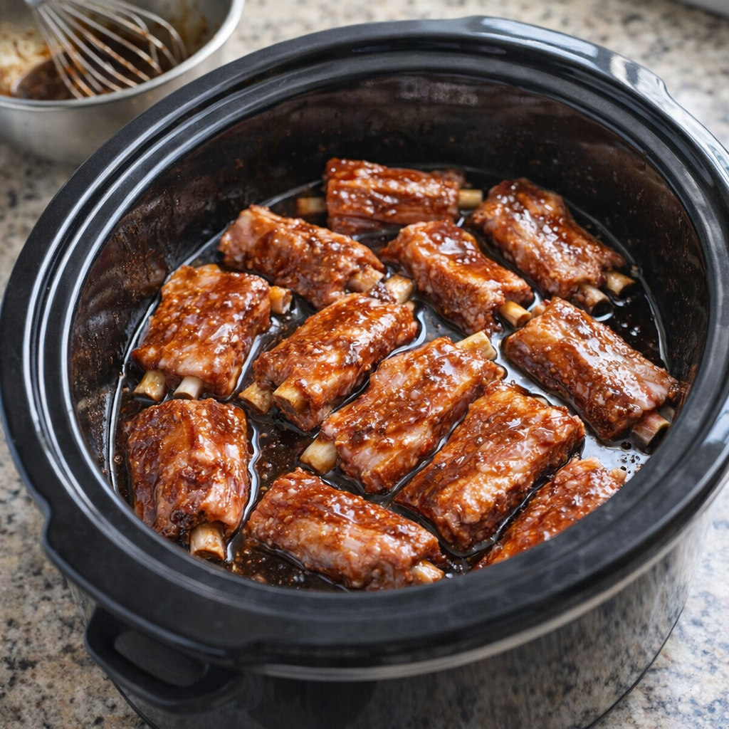 Slow cooker filled with saucy pork ribs before cooking