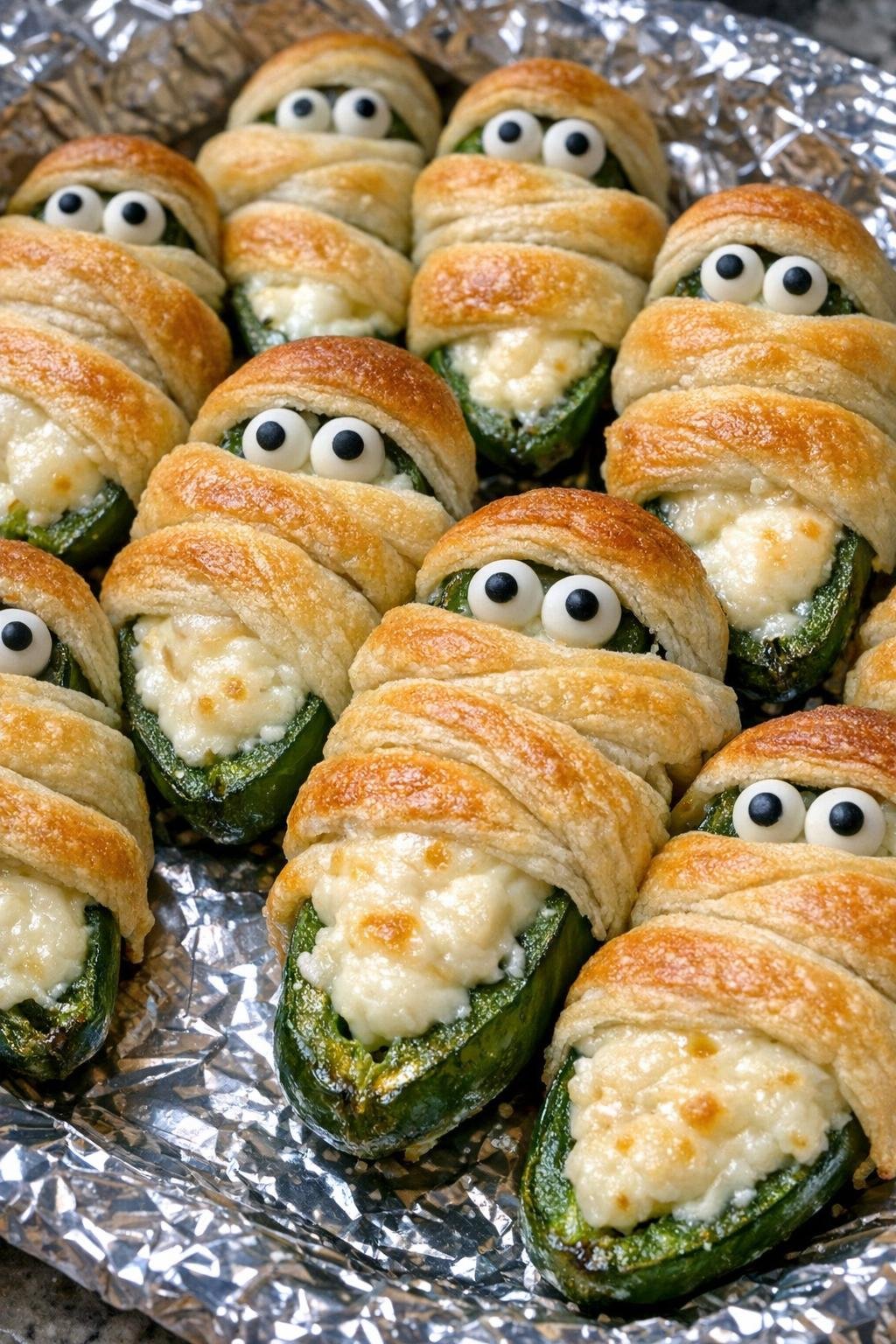 Finished mummy jalapeno poppers on a foil-lined platter