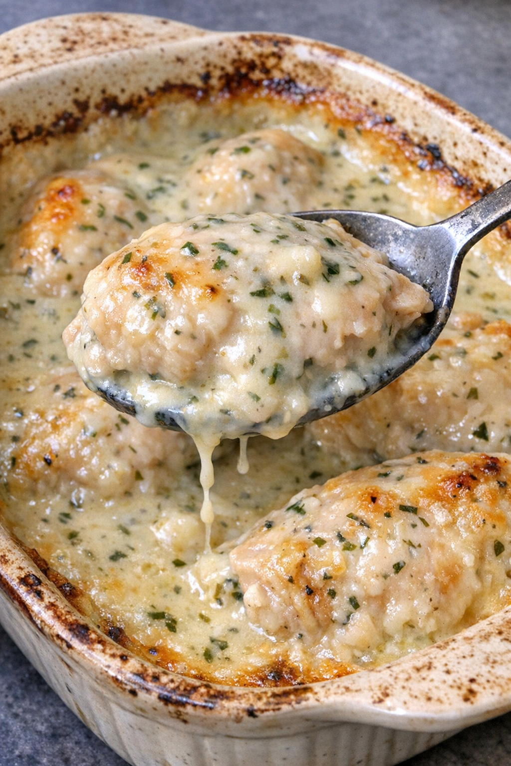 Tender chicken in creamy herb sauce in a vintage baking dish