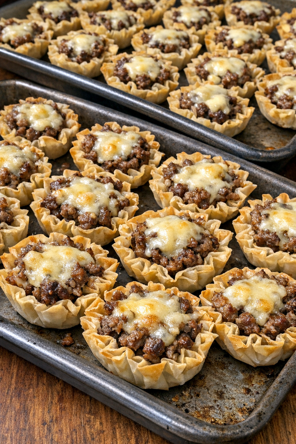 Golden beef phyllo cups with melted cheese