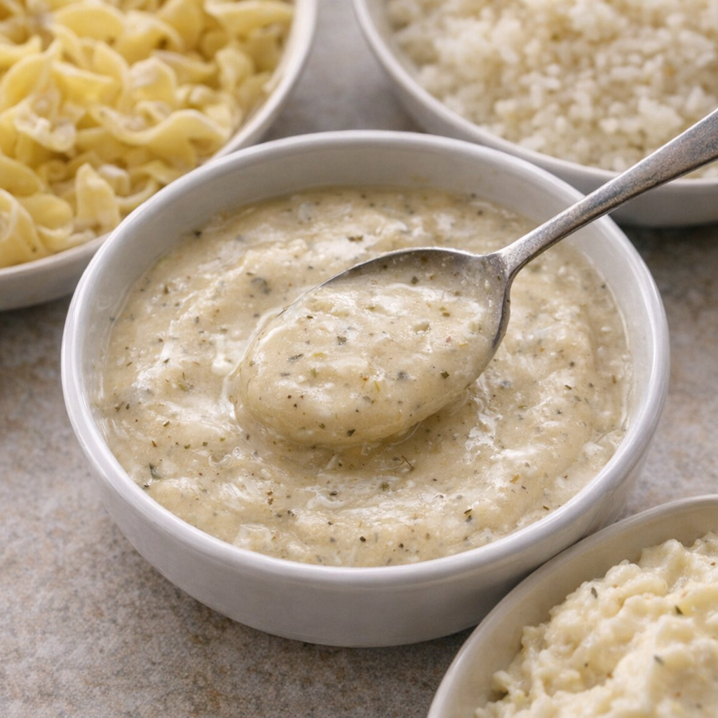 Small bowl of ranch gravy with spoon beside serving options