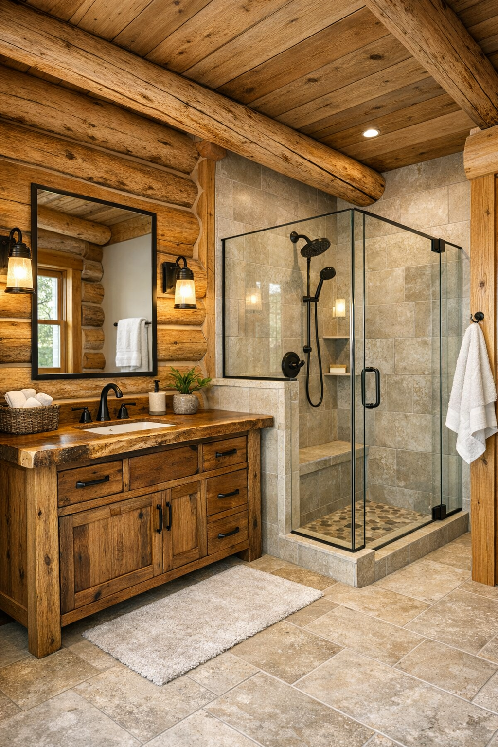 Bathroom with handcrafted vanity, stone tile, glass shower, and warm wood details