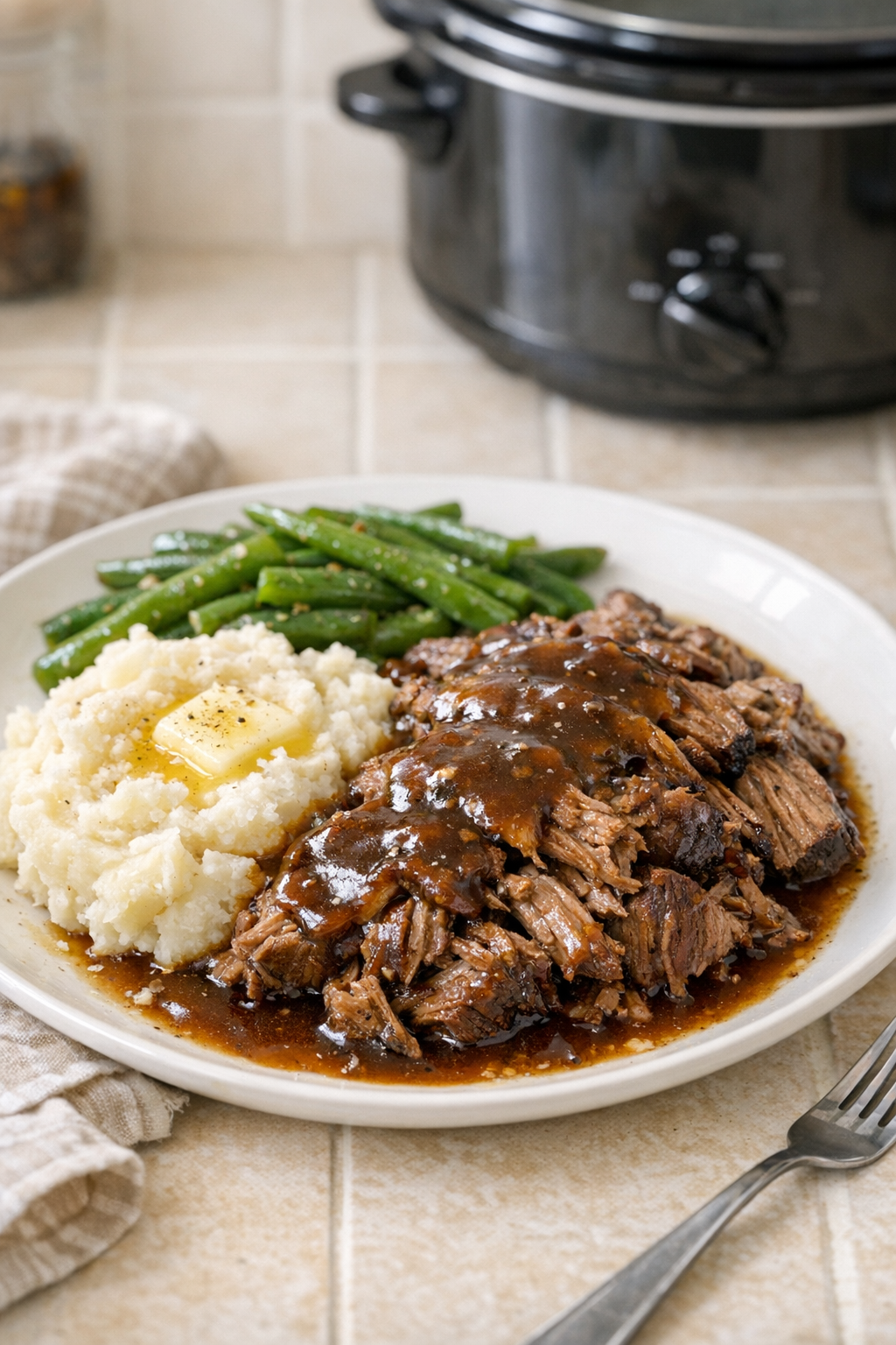 Finished Amish beer beef plated with gravy
