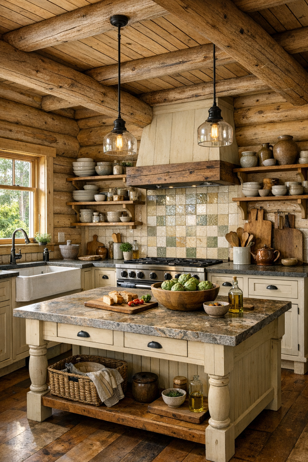 Rustic kitchen with cream cabinets, wood beams, and stone counters