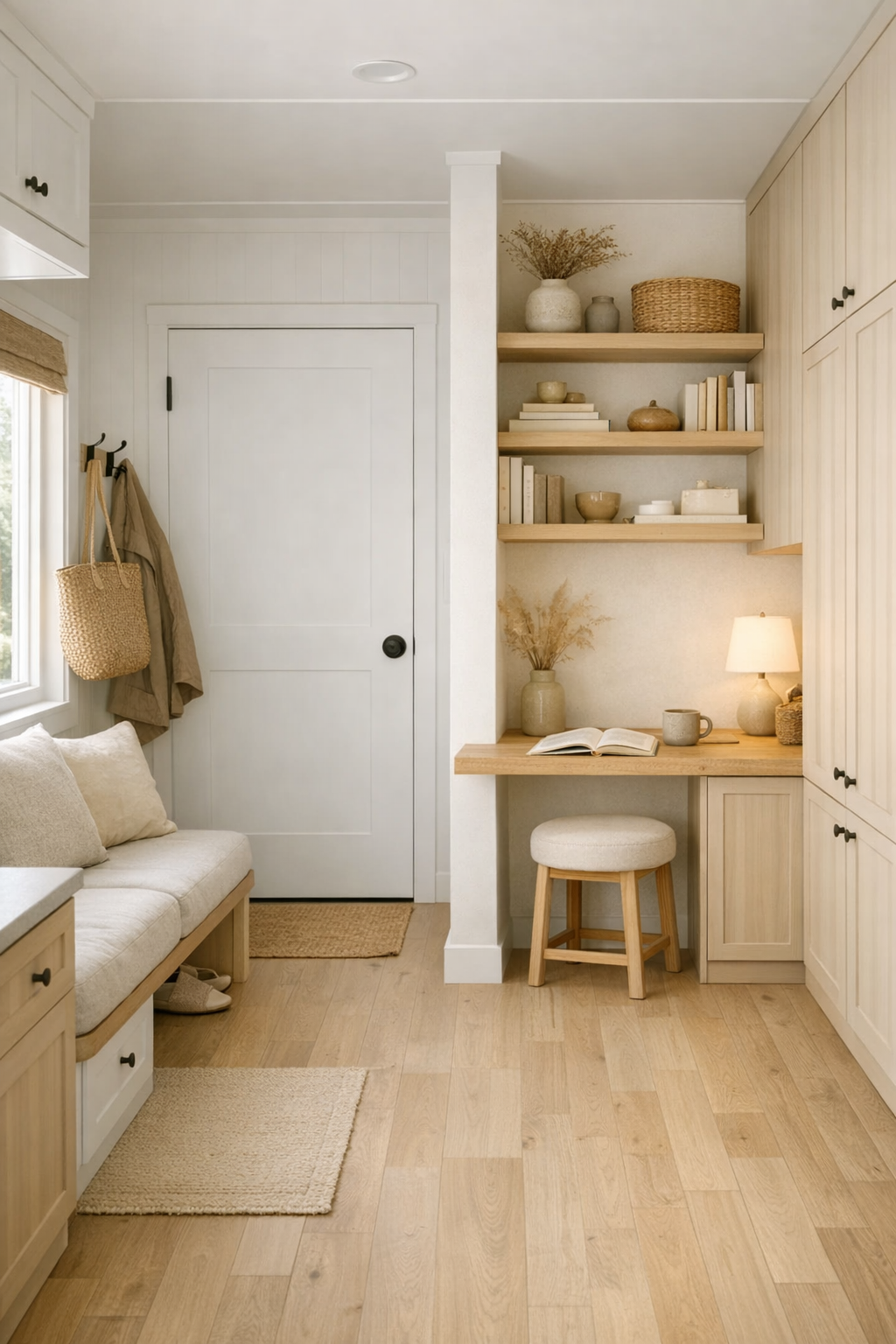 Tiny home entry and multipurpose nook with built-in storage, pale wood, and soft neutral finishes