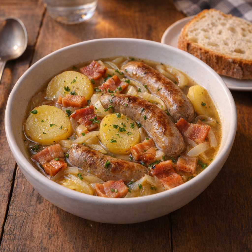 Een kom Dublin coddle met brood erbij.