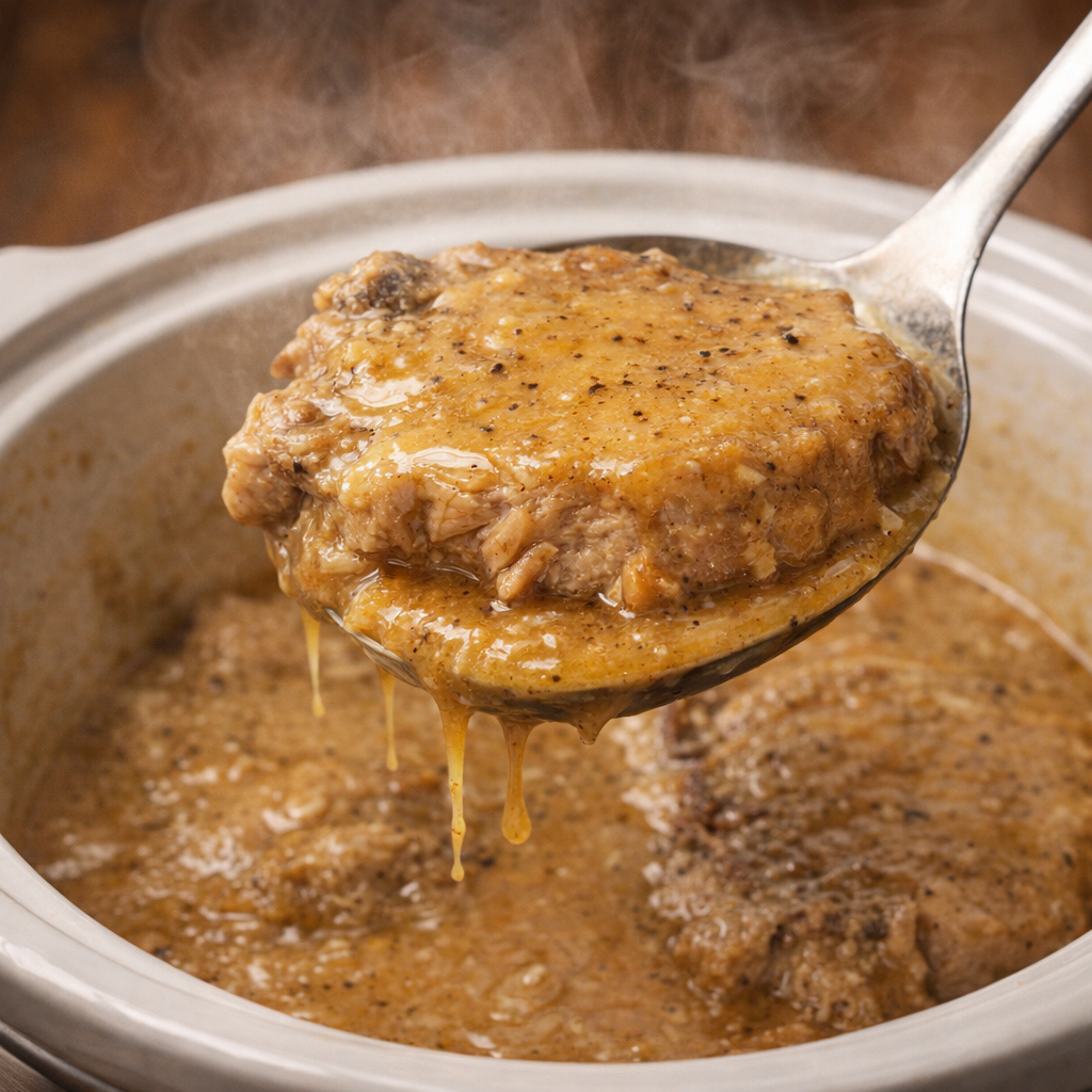 Tender cooked pork chop being lifted from the slow cooker