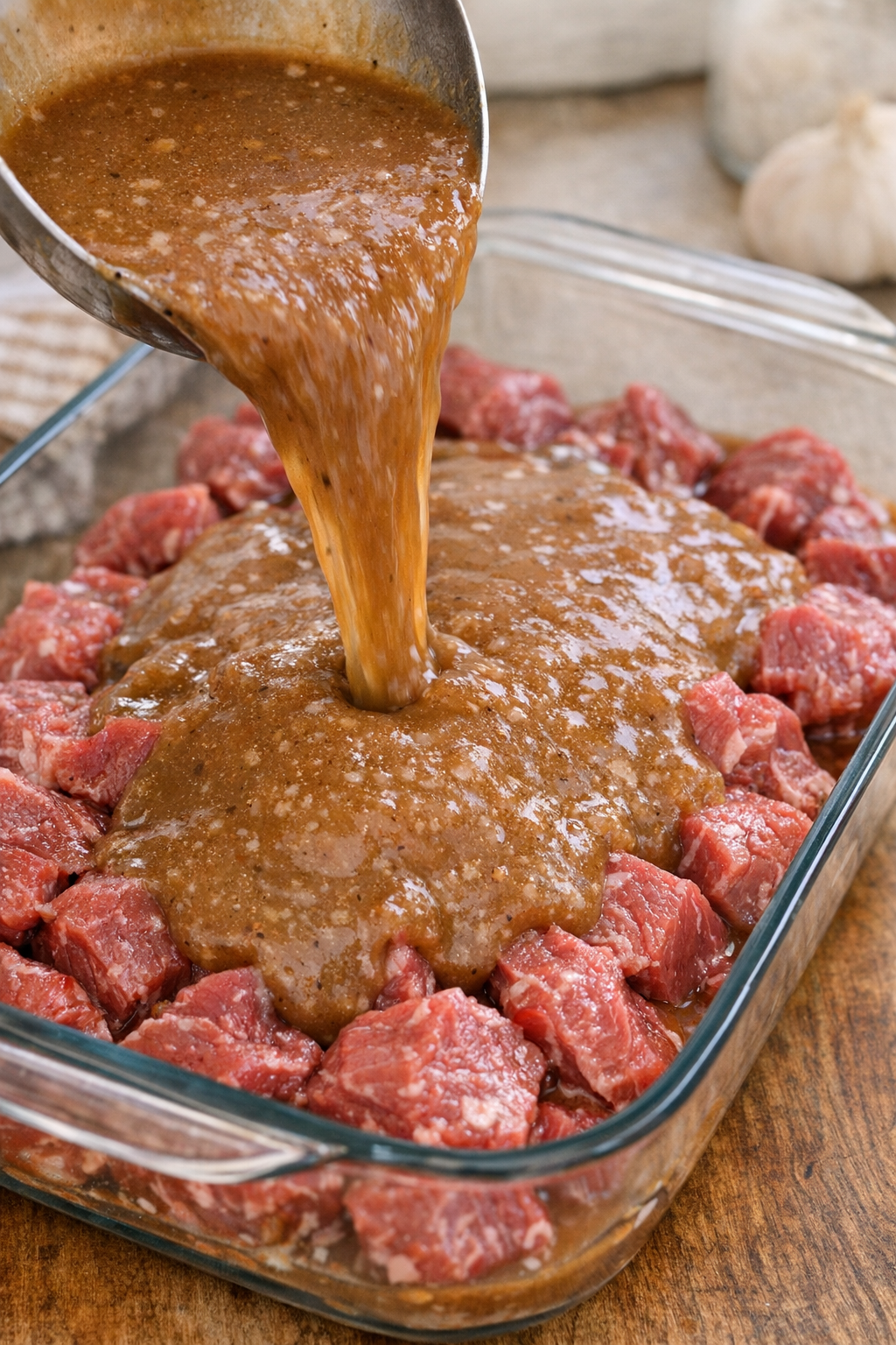 Gravy mixture poured over beef in casserole dish