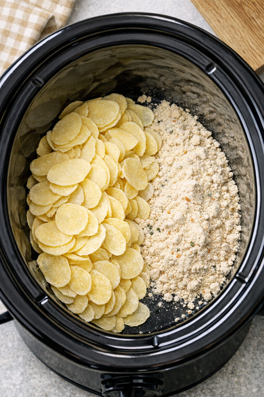Dry potatoes and sauce mix in the slow cooker