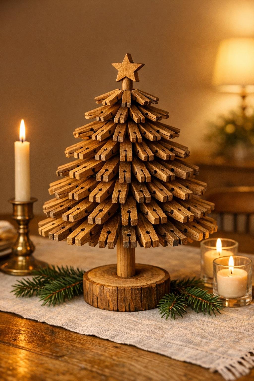 Finished clothespin tabletop tree displayed on a holiday table