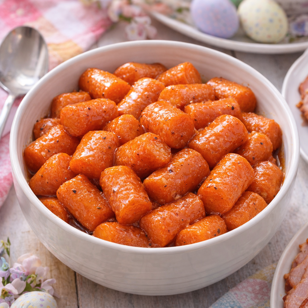 White serving bowl filled with glossy honey glazed carrots on a holiday table