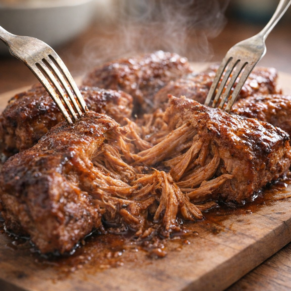 Tender pork ribs being shredded with two forks