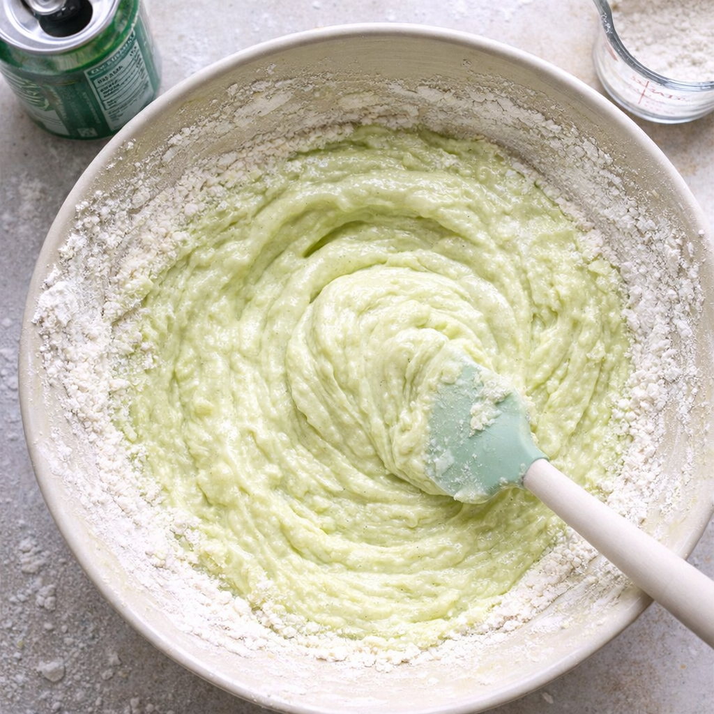 Pale green cake batter being mixed in a bowl