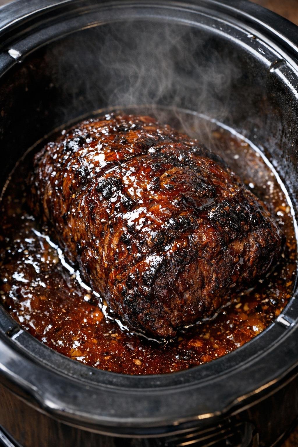 Slow-roasted glazed roast in a slow cooker