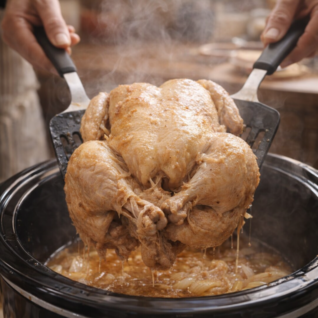 Cooked chicken being lifted from the slow cooker