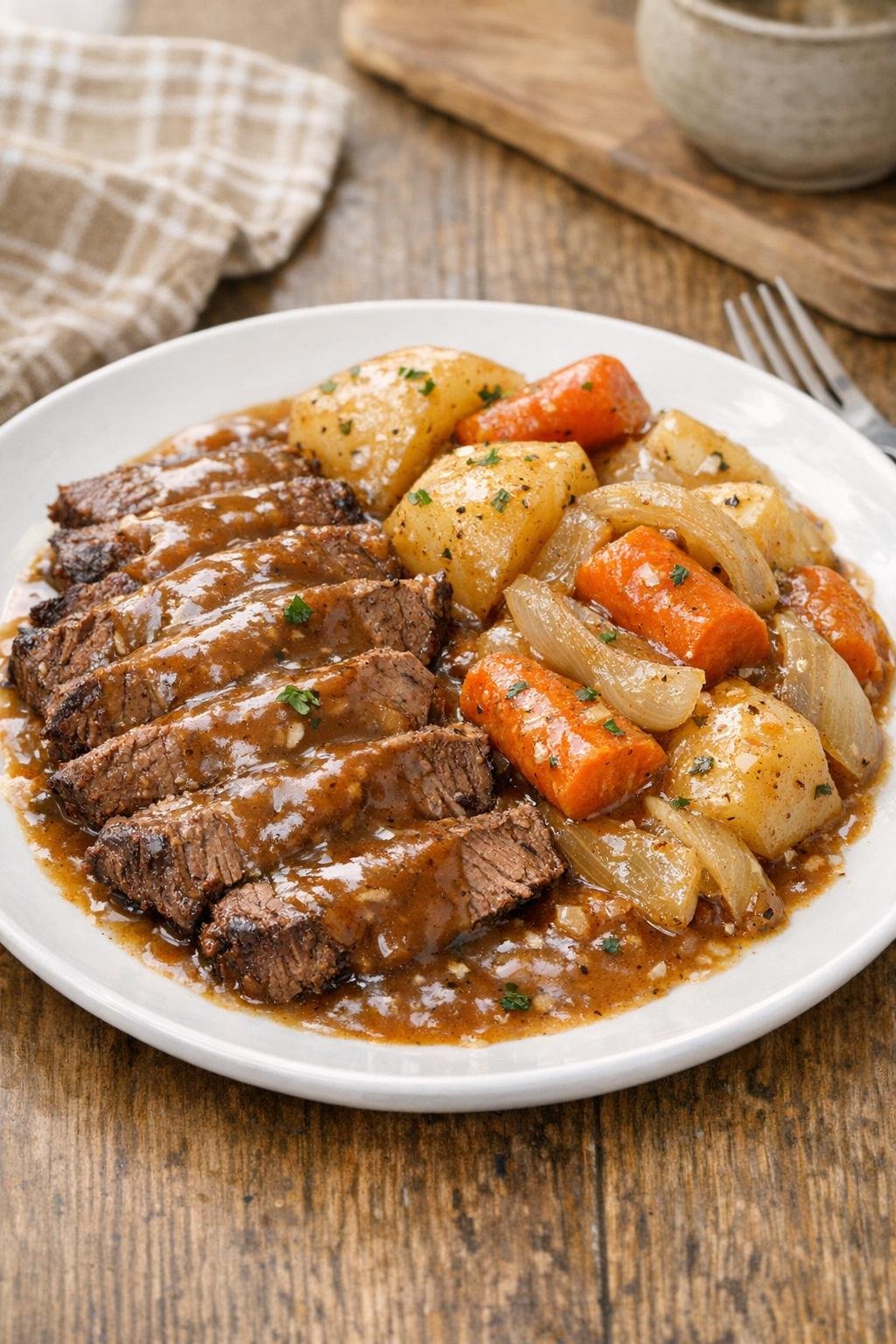 Finished slow cooker steak dinner plated with vegetables