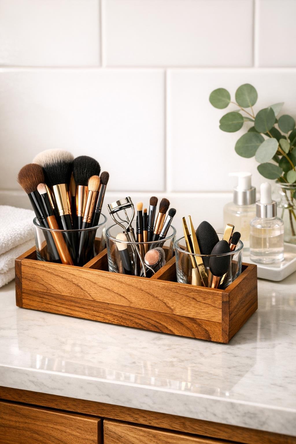 Finished bathroom makeup brush holder in a wooden organizer