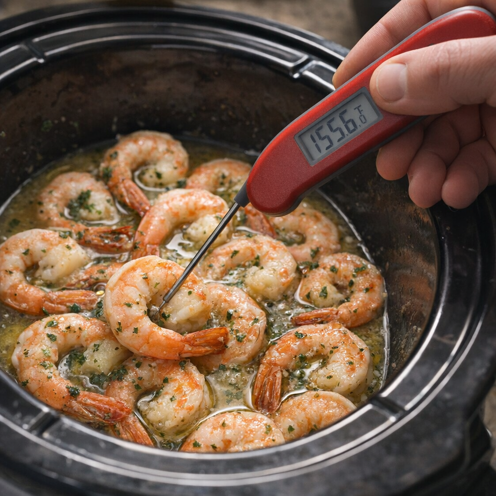 Checking shrimp doneness with an instant-read thermometer