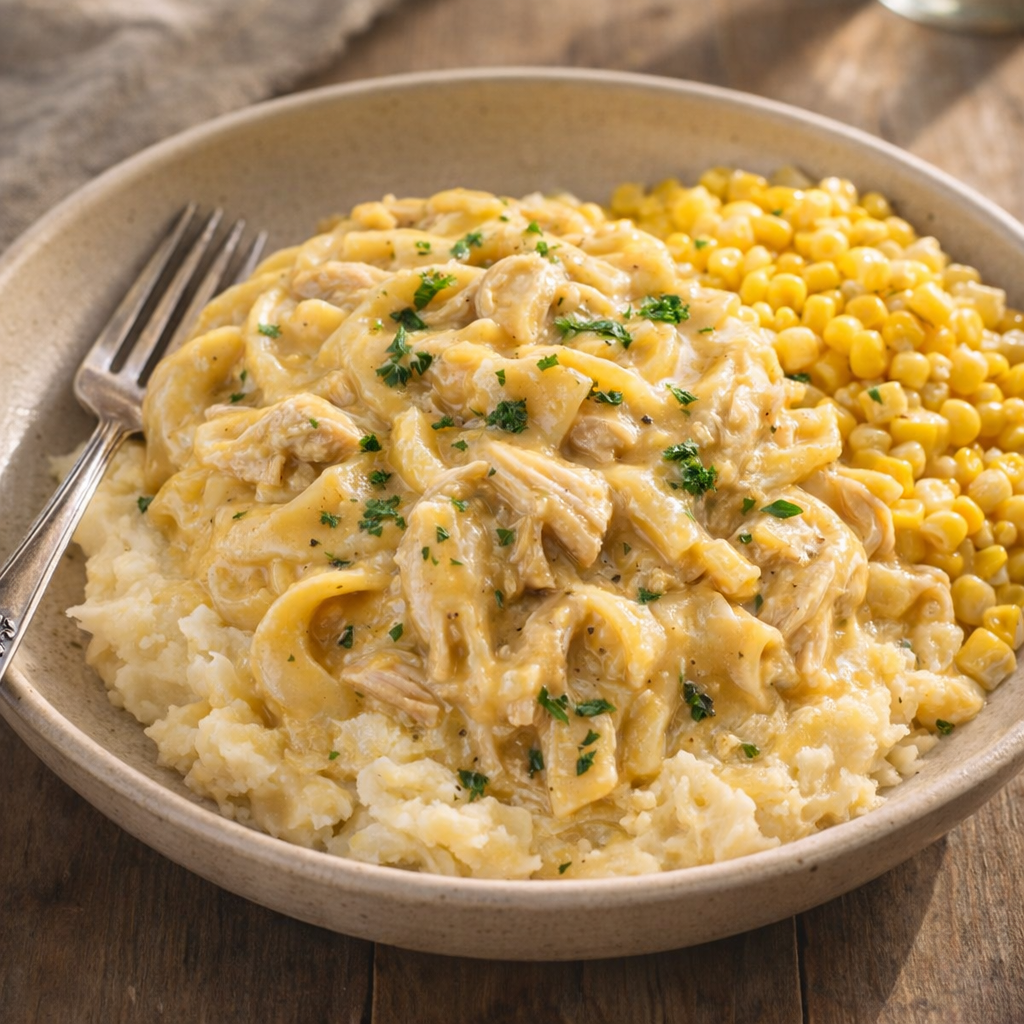 A hearty bowl of chicken and noodles served with mashed potatoes